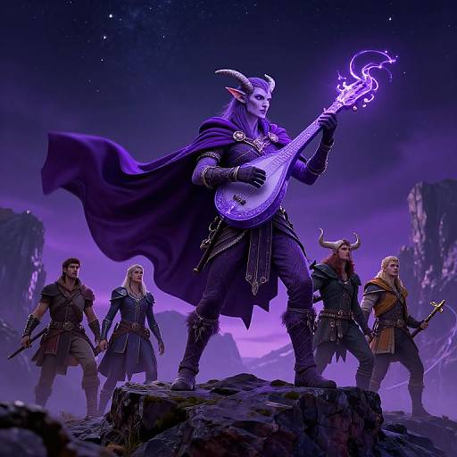 Digital fantasy artwork of a purple-skinned, horned elf guitarist casting magic, surrounded by four armored warriors under a starry, purple-hued night