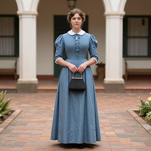 Woman in Blue Australian Colonial Dress