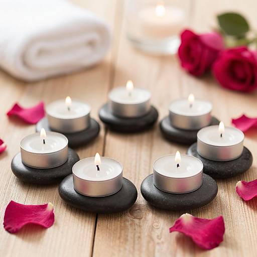 Photograph of six lit tealight candles on black stone holders, surrounded by red rose petals on a wooden surface.