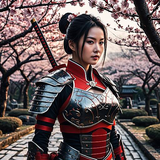 Female Samurai in Futuristic Armor at Cherry Blossom Garden
