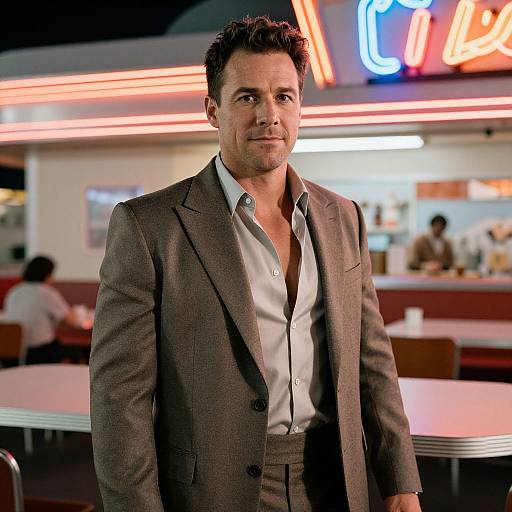 Photograph of a handsome, medium-build man with short dark hair, wearing a gray suit and unbuttoned white shirt, standing in a neon-l