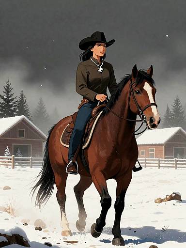 Woman Wrangler Riding Horse in Winter Farm