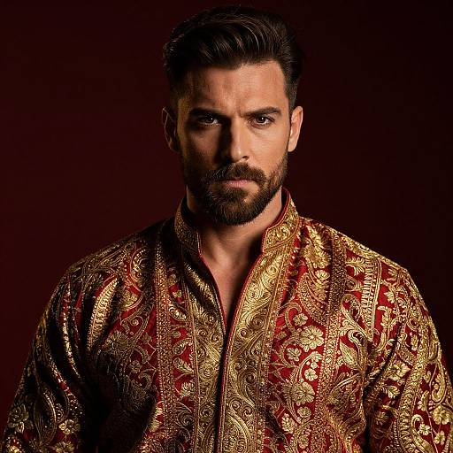 Photograph of a serious, bearded man with dark hair, wearing an ornate, red and gold patterned traditional shirt, against a dark brown