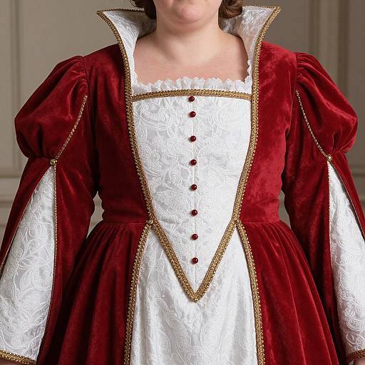 Photograph of a woman in a Victorian-style, rich red velvet dress with white lace and gold trim, featuring puffed sleeves and buttoned bodice