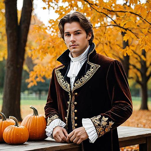 Man in Renaissance Outfit with Pumpkins in Autumn Park