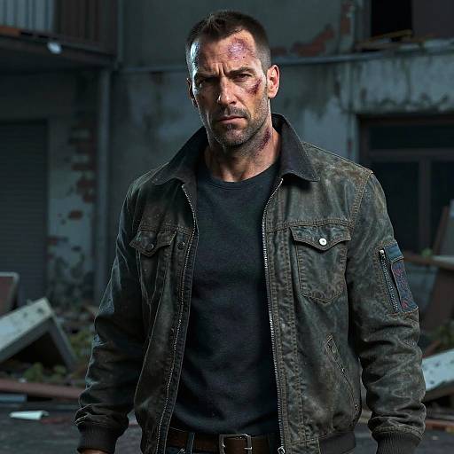 Photograph of a rugged, muscular man with short dark hair, a beard, and a bruised face, wearing a dirty black jacket over a dark