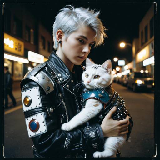 Silver-Haired Boy Hugging Robotic Cat at Night