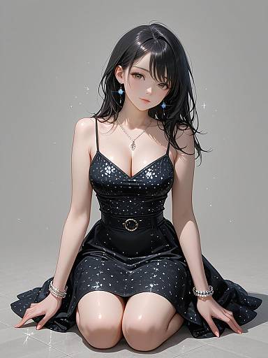 Digital anime-style drawing of a beautiful, fair-skinned woman with black hair, wearing a sparkly black dress, kneeling on the floor, looking slightly