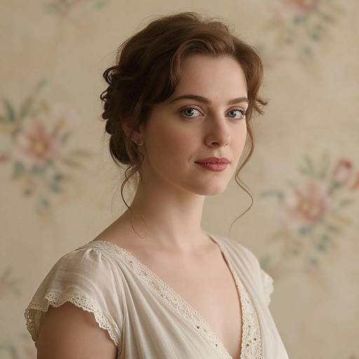Photograph of a young woman with fair skin, brown wavy hair in an updo, wearing a white lace-trimmed blouse, set against