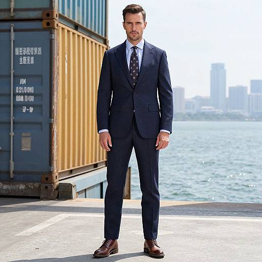 Photograph of a handsome, bearded man in a dark blue suit, white shirt, and patterned tie, standing on a waterfront dock with a