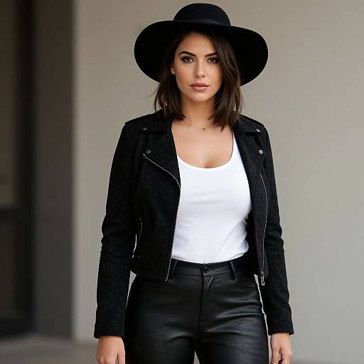 Photograph of a young woman with medium skin tone, wearing a black wide-brimmed hat, black leather jacket, white tank top, and black