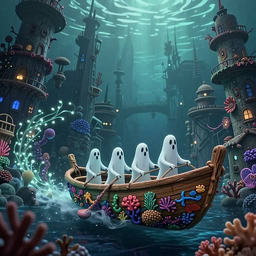 Digital illustration of four white ghost spirits in a colorful, decorated wooden boat navigating a vibrant, underwater cityscape with glowing lights.