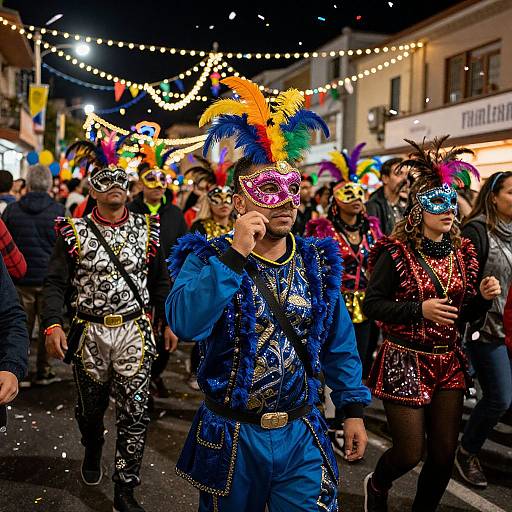 Photograph of a vibrant carnival parade at night, featuring colorful-costumed revelers, string lights, and a central man in a blue outfit with mult