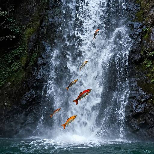 Surreal Ascending Waterfall and Fish