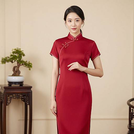 Photograph of an Asian woman in a red, short-sleeved, traditional Chinese dress, standing in a minimalist room with a potted bonsai