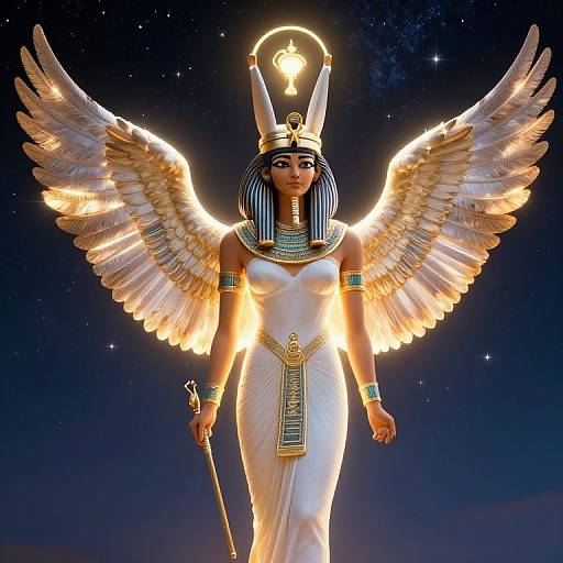 Digital artwork of an ancient Egyptian goddess with glowing wings, white dress, striped headdress, and golden accessories, holding a staff, against a starry