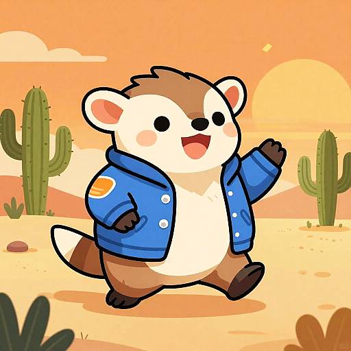 Cute cartoon raccoon in blue jacket waves in a vibrant, sunny desert with cacti and orange sky, digital illustration style.