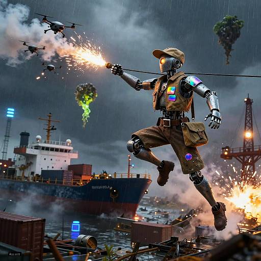 Courier Android Leaping Over Neon Graveyard