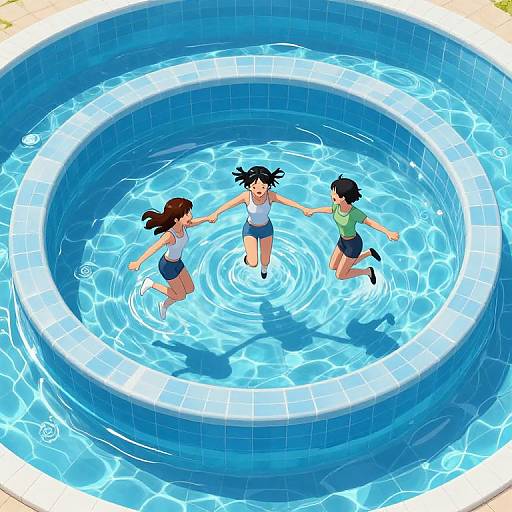 Three children with wet hair, wearing swimsuits, jumping joyfully into a circular, blue-tiled swimming pool, viewed from above. Digital anime-style