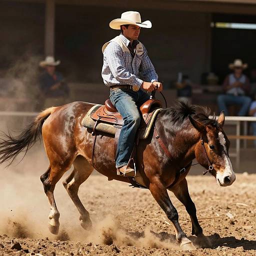 Cowboy Riding Bucking Bronco in Rodeo Arena