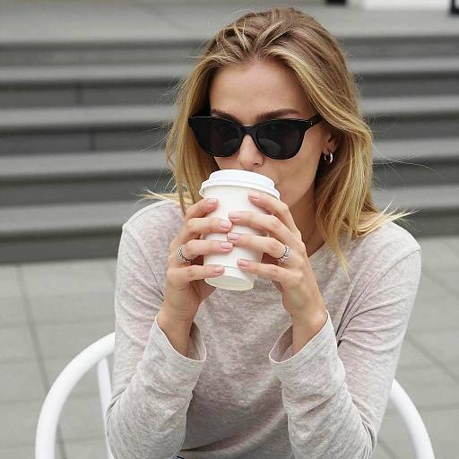 Blonde Woman Sipping Coffee Outdoors