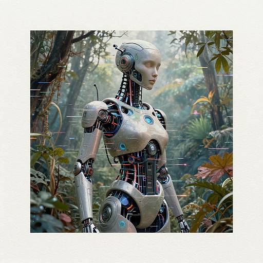 Digital art of a female humanoid robot with white and black metallic components, blue glowing eyes, standing in a lush, sunlit jungle.