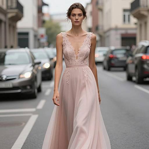 Elegant Woman in Light Pink Evening Gown on City Street