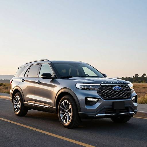 Photograph of a silver Ford Edge SUV driving on a road during sunset, with clear skies and distant landscape in background.