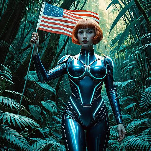 Android in Futuristic Bodysuit Holding American Flag in Jungle