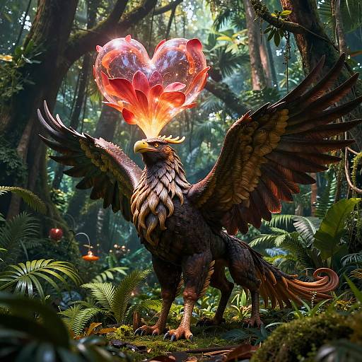 Digital fantasy artwork of a majestic griffin with fiery heart-shaped wings, standing in a lush, enchanted forest with vibrant greenery.