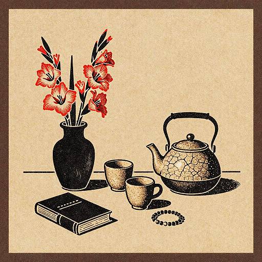Linocut Still Life with Gladiolus and Tea Set