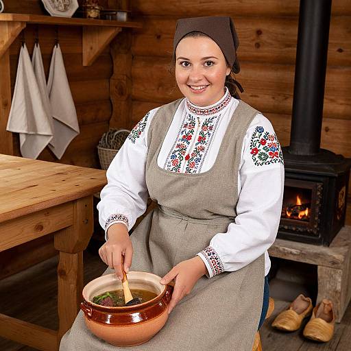 Photograph of a smiling woman with fair skin, dark brown headscarf, and traditional white blouse and grey apron, stirring soup in a rustic