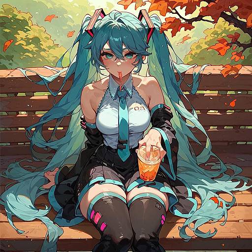 Anime Girl Hatsune Miku Drinking Juice on Autumn Park Bench