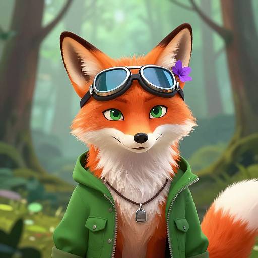 Digital artwork of an anthropomorphic fox with orange fur, green eyes, wearing goggles, a green hoodie, and a purple flower, standing in a mist