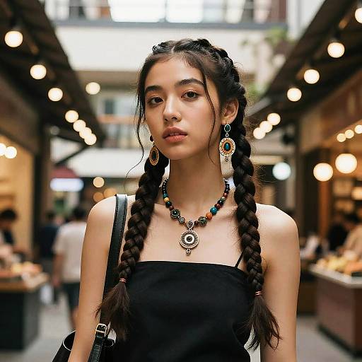 Photograph of an Asian woman with long black braids, wearing a black strap top, colorful earrings, and a beaded necklace, standing in a