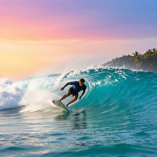 Surfers Riding Turquoise Waves at Sunrise