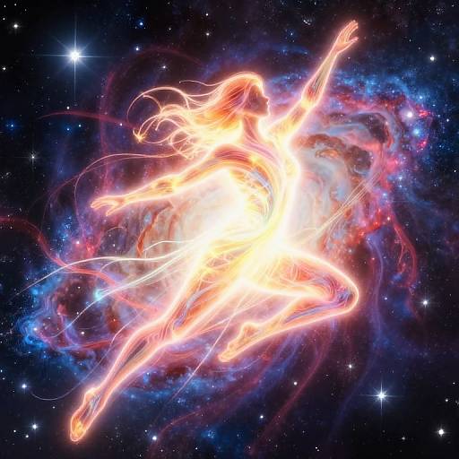Digital art of a glowing, fiery, ethereal female figure floating amidst a cosmic nebula with vibrant reds, blues, and purples, surrounded