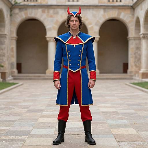 Photograph of a man with curly hair, wearing a blue and red medieval-style coat with gold trim, red pants, black boots, and red horns