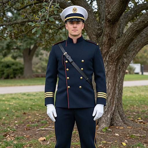 Photograph of a young male naval officer standing outdoors, wearing a black uniform with gold stripes, white gloves, and hat, in front of a large
