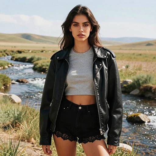 Photograph of a young woman with dark hair, wearing a gray crop top, black lace shorts, and a black leather jacket, standing by a flowing