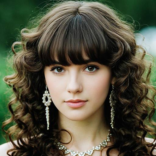 Young woman with curly brown hair and jewelry