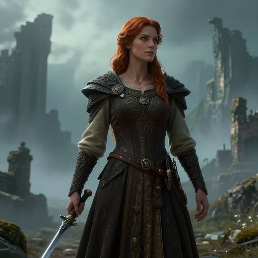 Digital artwork of a red-haired woman in medieval armor with a sword, standing in a misty, ruined castle landscape.