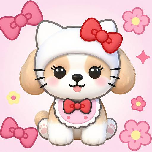 Cute digital illustration of a chubby, tan and white puppy wearing a white Hello Kitty hat with a red bow, a pink bow collar, and surrounded