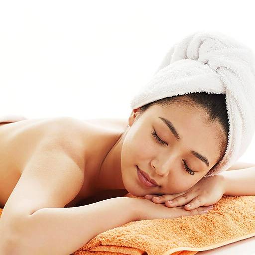 Photograph of a serene, young Asian woman with closed eyes, lying on an orange towel, wearing a white towel turban, relaxing.