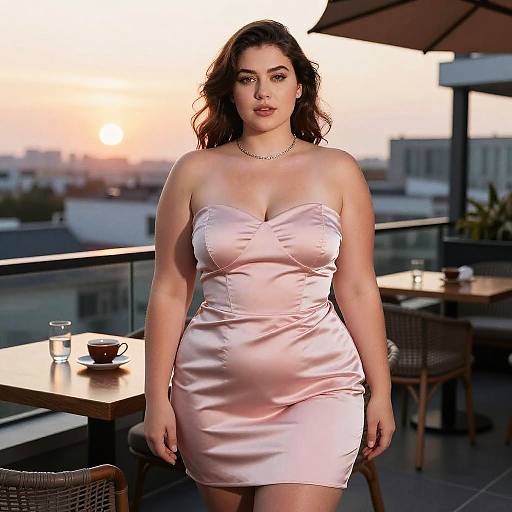 Plus-Size Woman in Pink Satin Dress at Rooftop Tea Room