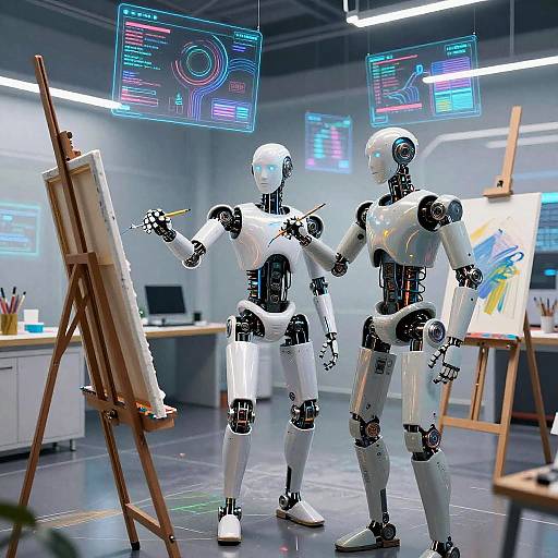 Photograph of two white humanoid robots painting in a futuristic studio, with digital screens displaying 