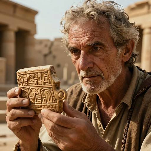 Photograph of an elderly man with gray, curly hair and beard, holding a carved, ancient-style mug with geometric patterns, set against a sunlit