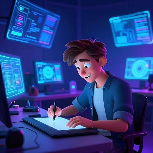 CGI illustration of a smiling young man with brown hair, wearing a blue shirt, writing on a glowing tablet in a neon-lit, futuristic tech