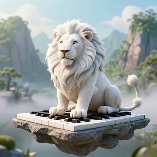CGI image of a majestic white lion with a flowing mane, sitting on a floating piano platform over a misty, mountainous landscape.