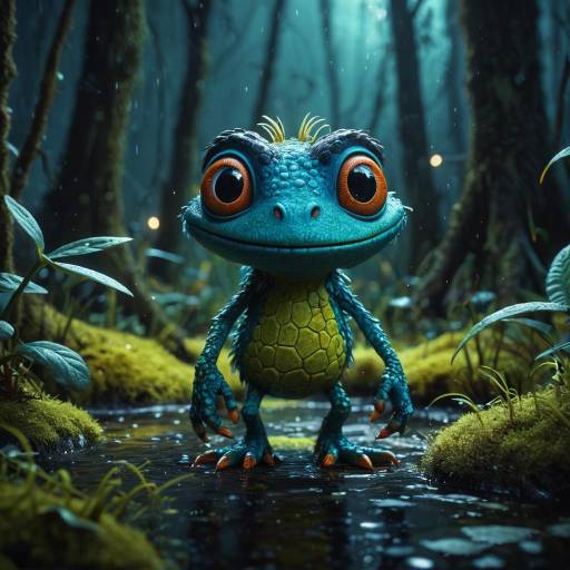 Pixar-Style Tiny Swamp Creature in Enchanted Forest
